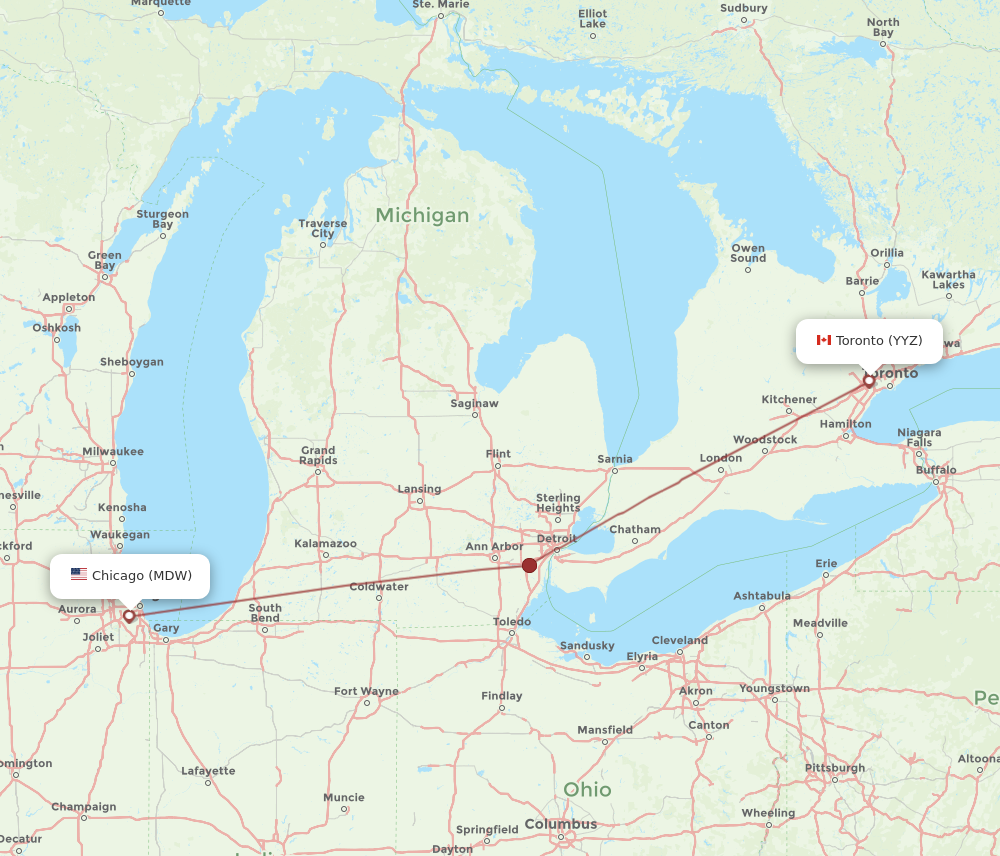 YYZ to MDW flights and routes map