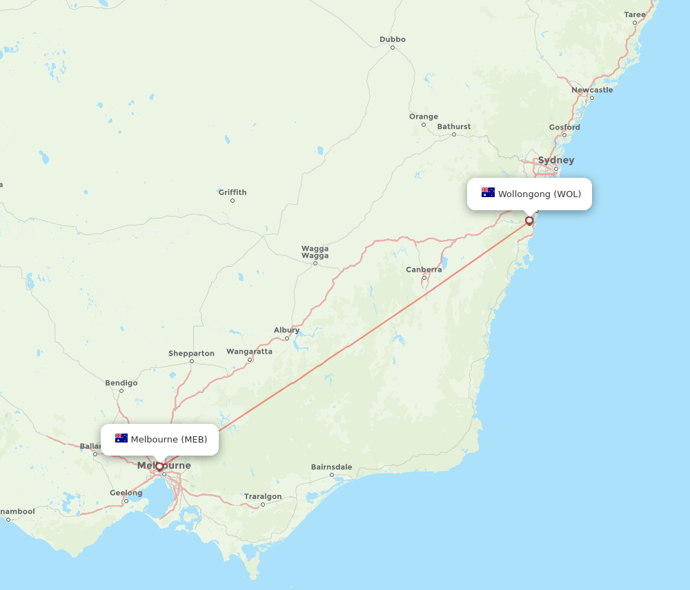 MEB to WOL flights and routes map