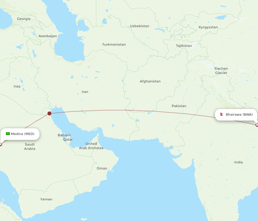 Madinah - Bhairawa route map and flight paths
