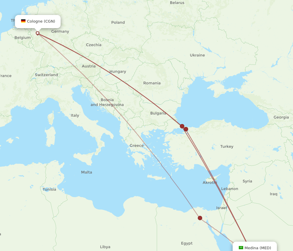 MED to CGN flights and routes map