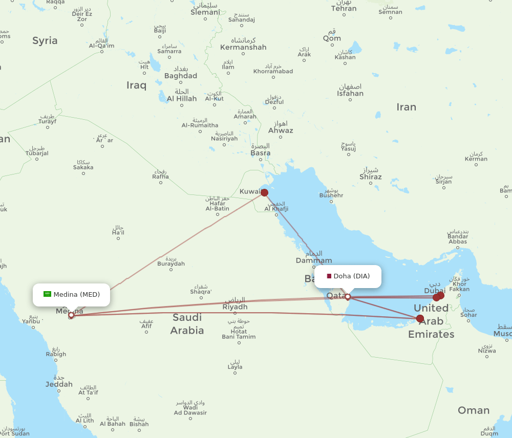 Madinah - Doha route map and flight paths