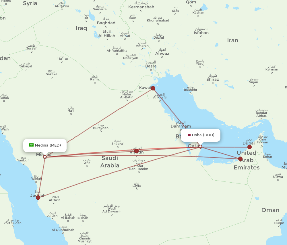 MED to DOH flights and routes map