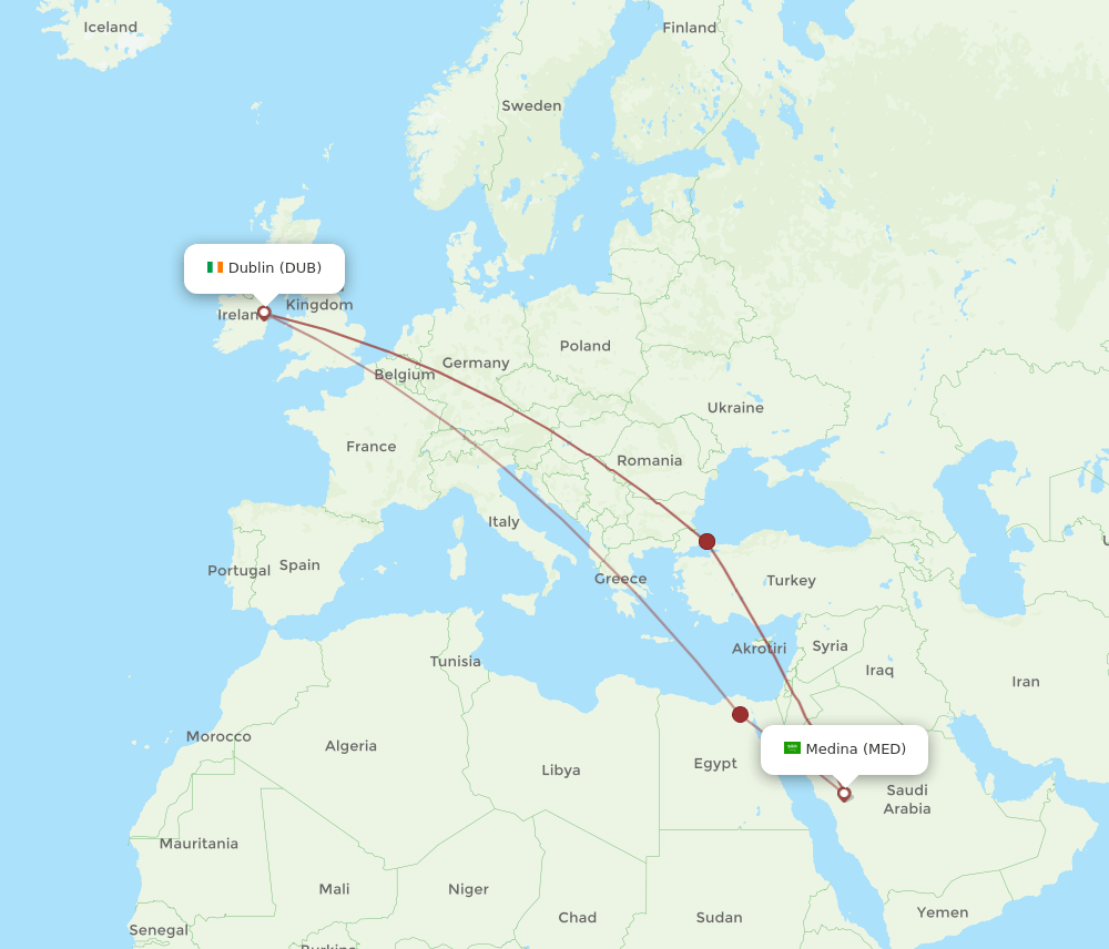 MED to DUB flights and routes map