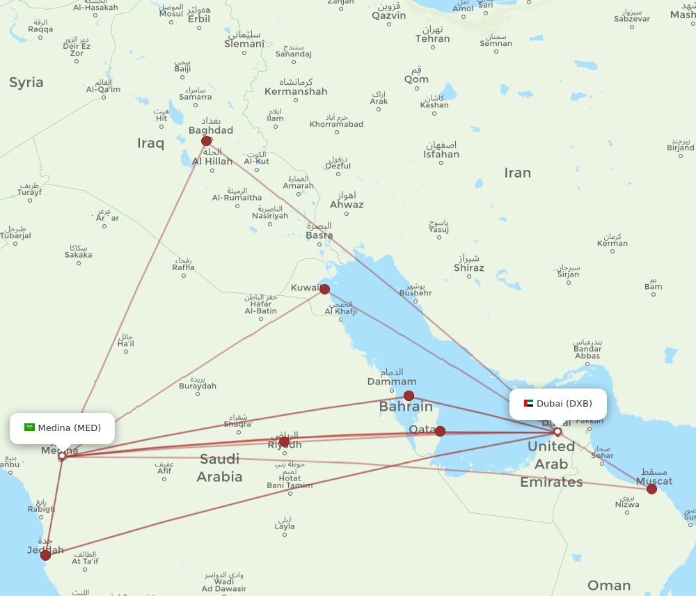 MED to DXB flights and routes map