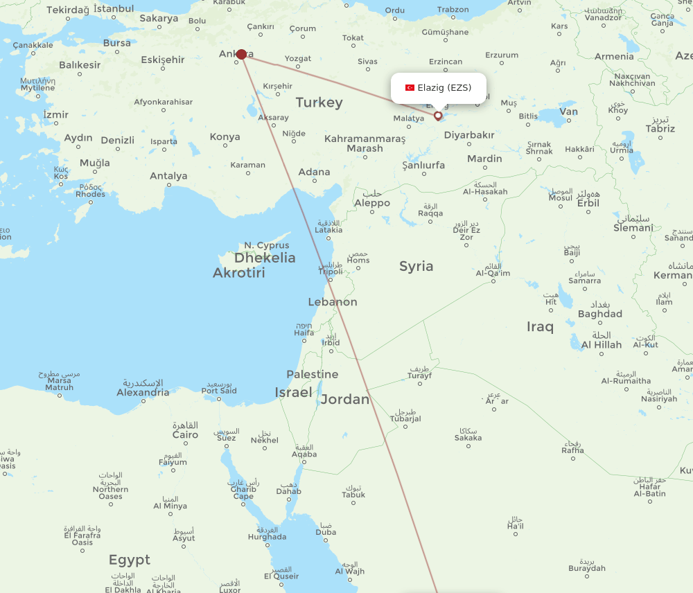 Elazig - Madinah route map and flight paths