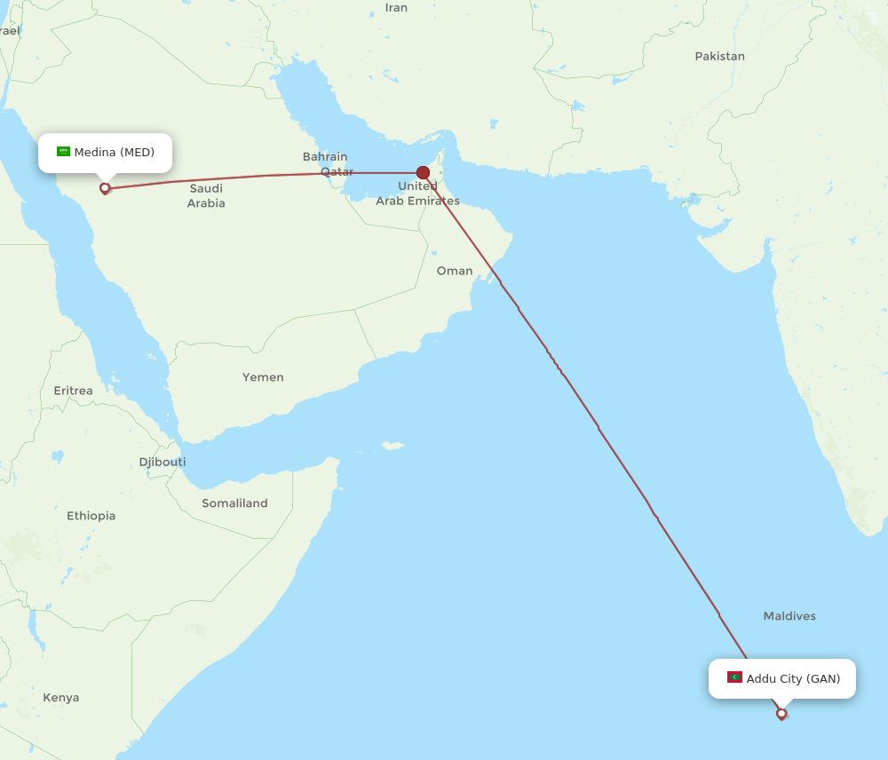 Gan Island - Madinah route map and flight paths