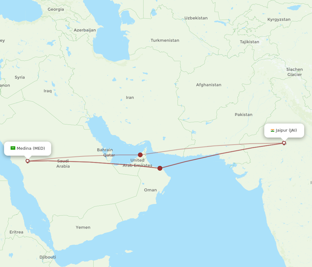 Jaipur - Madinah route map and flight paths