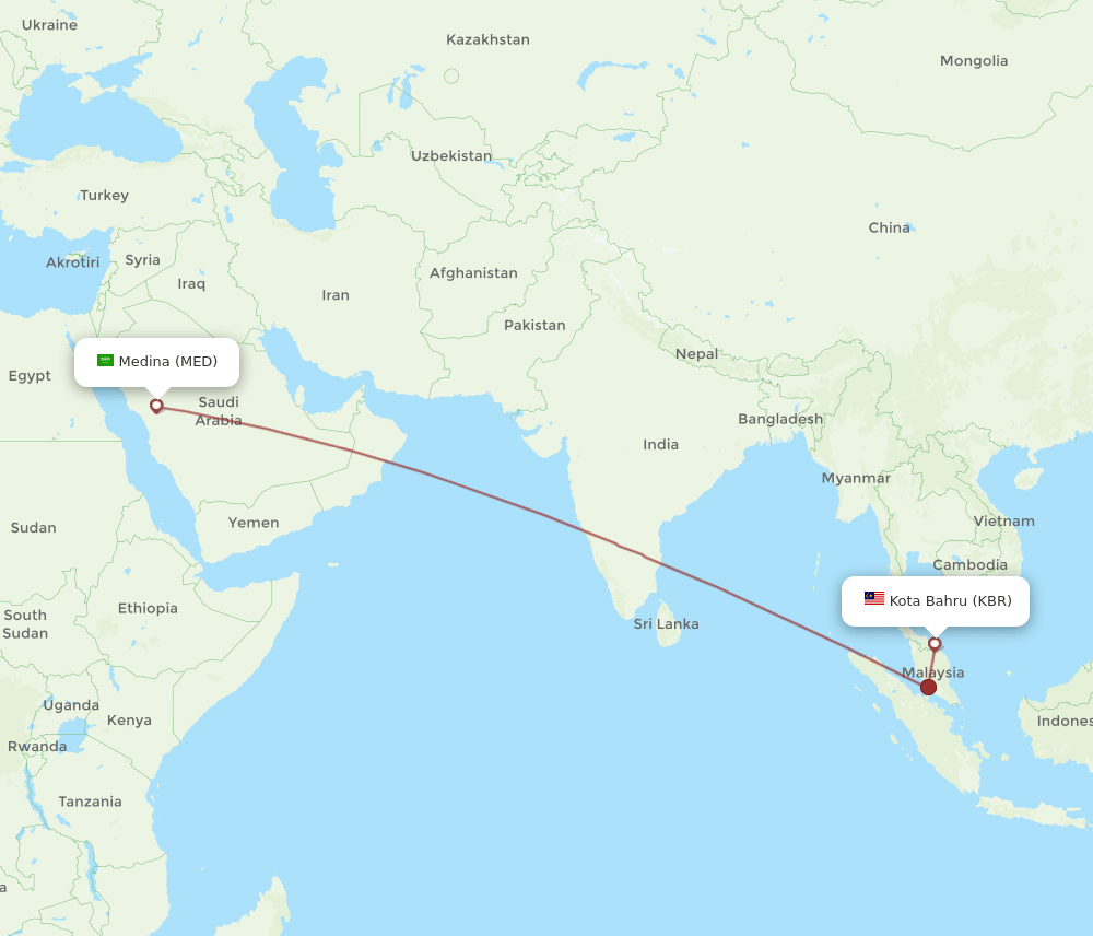 MED to KBR flights and routes map