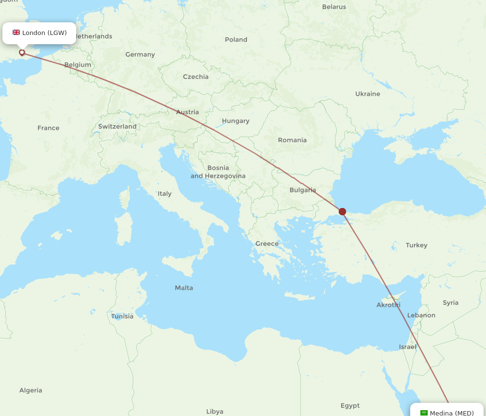 MED to LGW flights and routes map