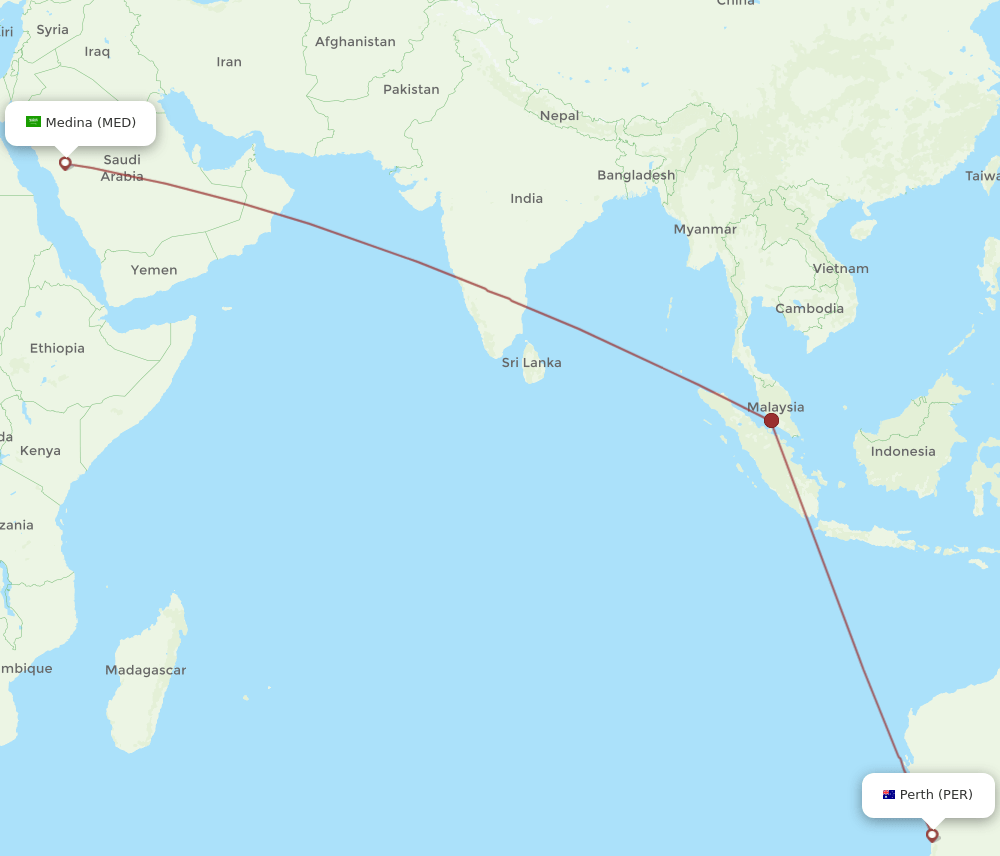 MED to PER flights and routes map