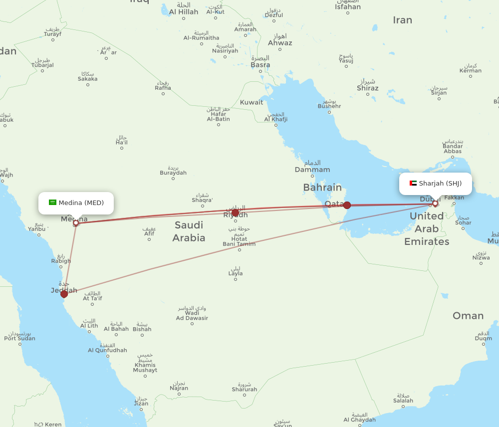 MED to SHJ flights and routes map