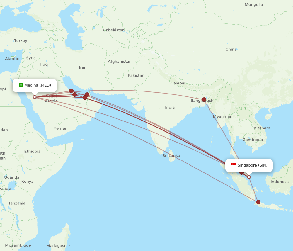 MED to SIN flights and routes map