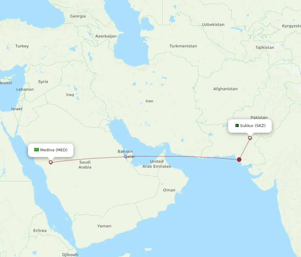 Sukkur - Madinah route map and flight paths