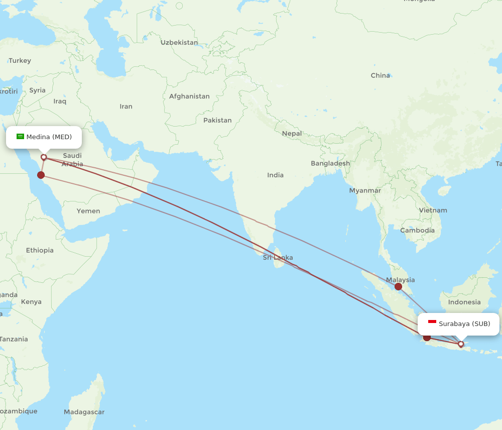 MED to SUB flights and routes map