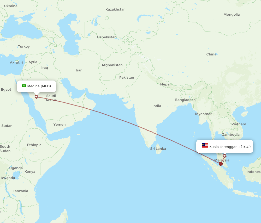 MED to TGG flights and routes map