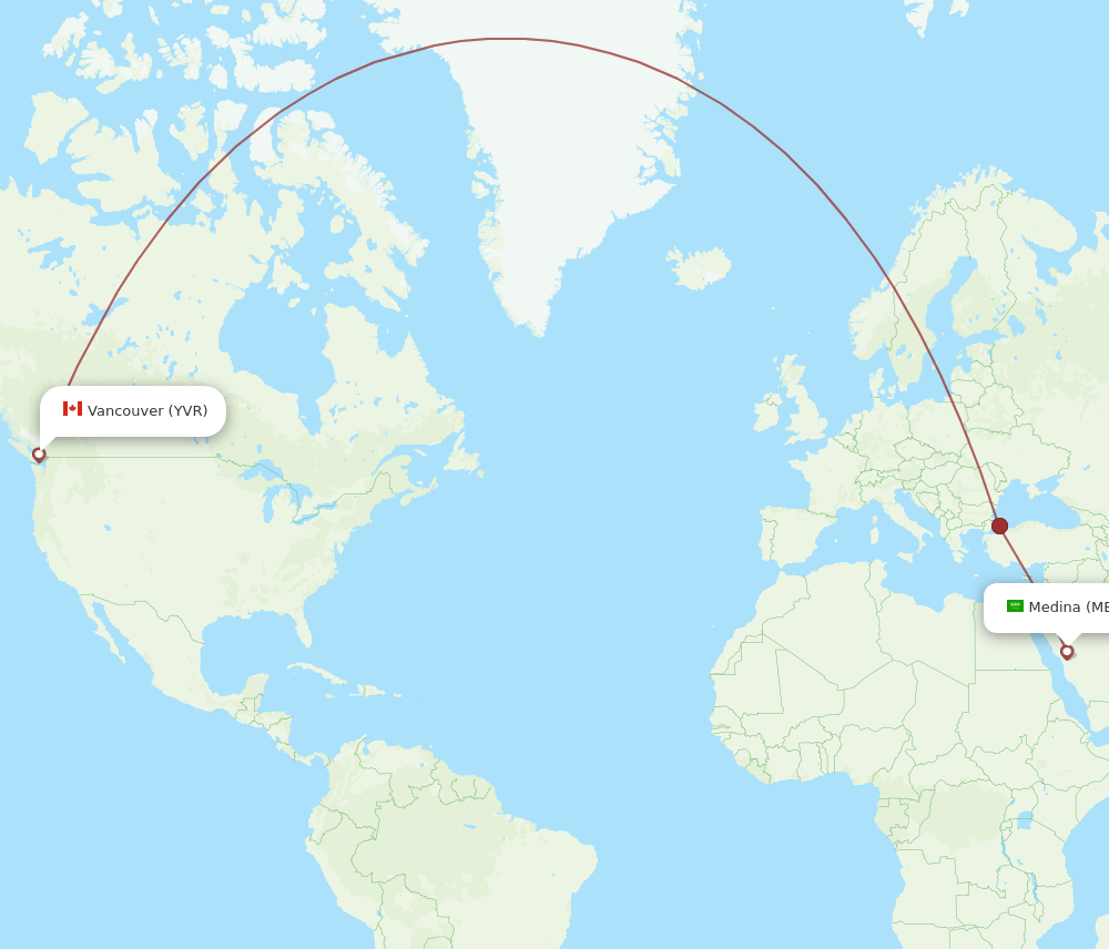 Vancouver - Madinah route map and flight paths