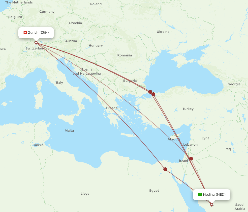 Zurich - Madinah route map and flight paths