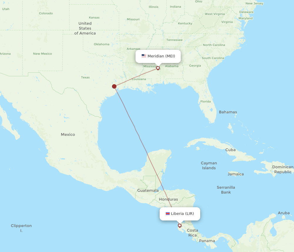 MEI to LIR flights and routes map