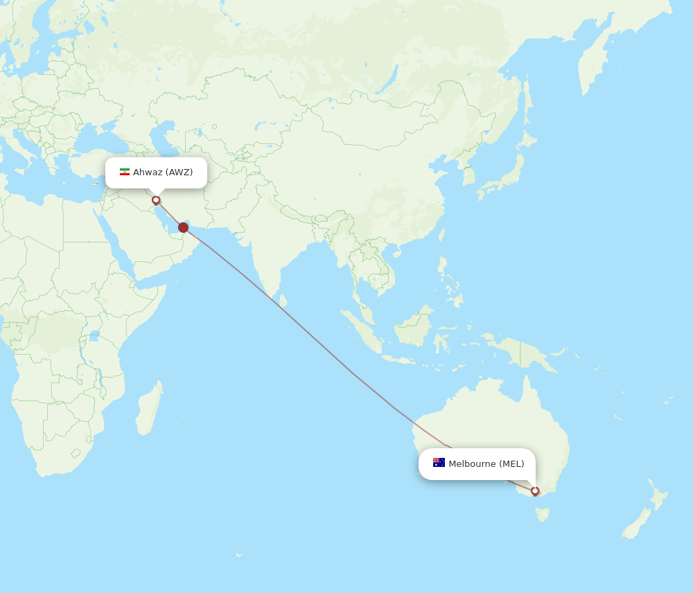 Ahwaz - Melbourne route map and flight paths