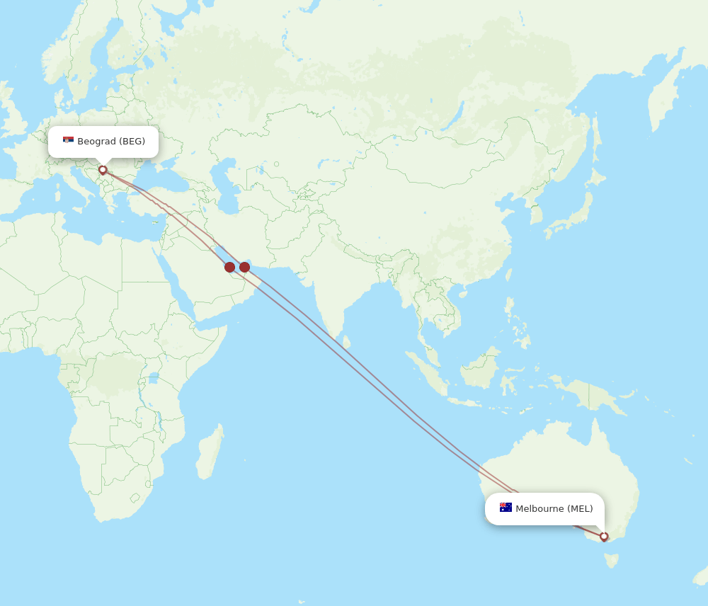 MEL to BEG flights and routes map