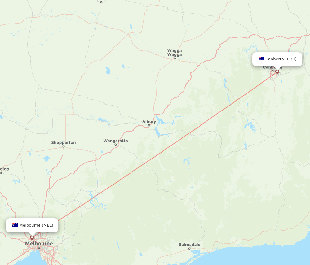 Melbourne - Canberra route map and flight paths
