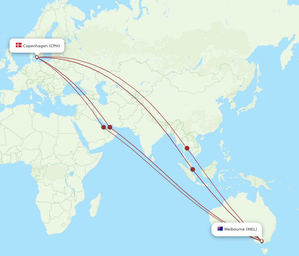 MEL to CPH flights and routes map