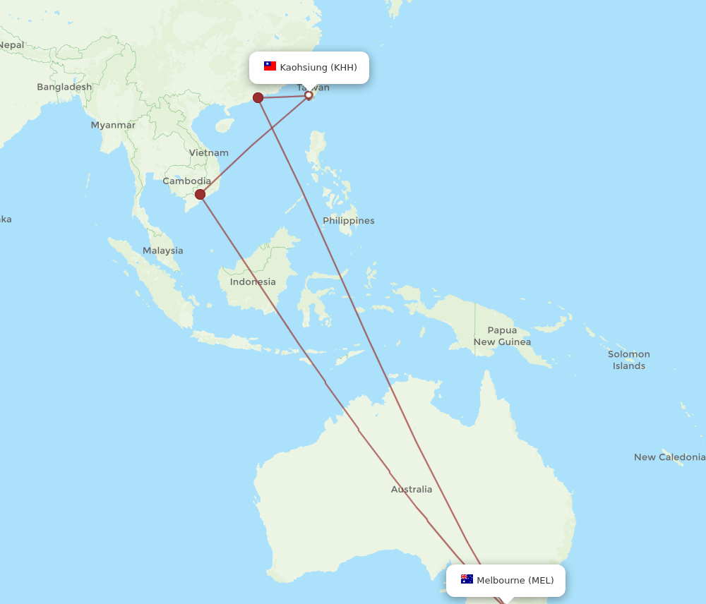MEL to KHH flights and routes map