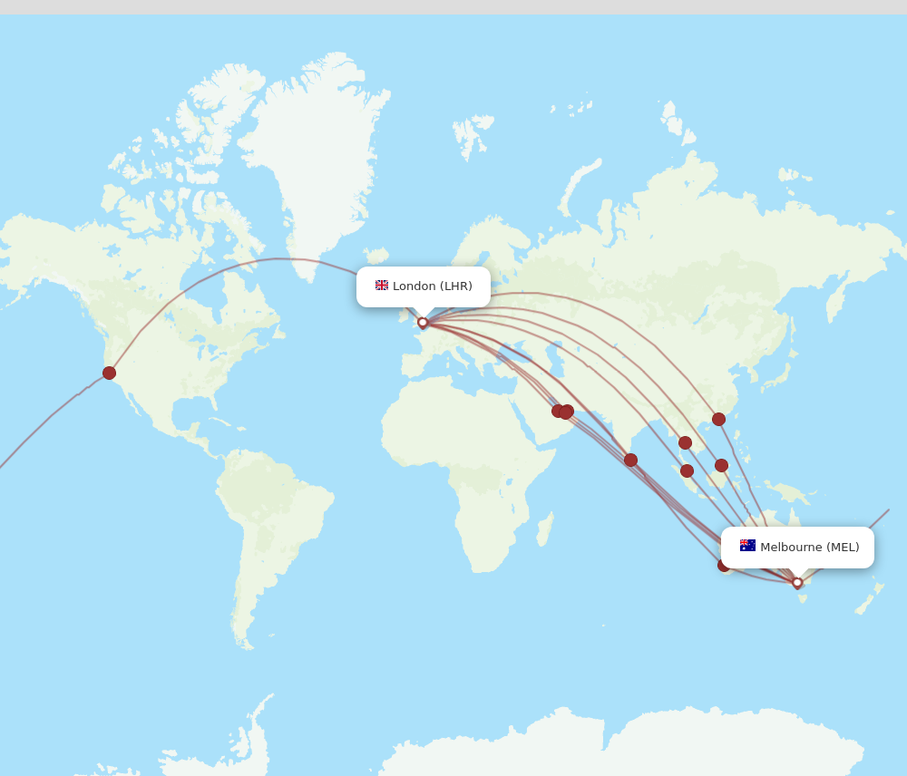 MEL to LHR flights and routes map