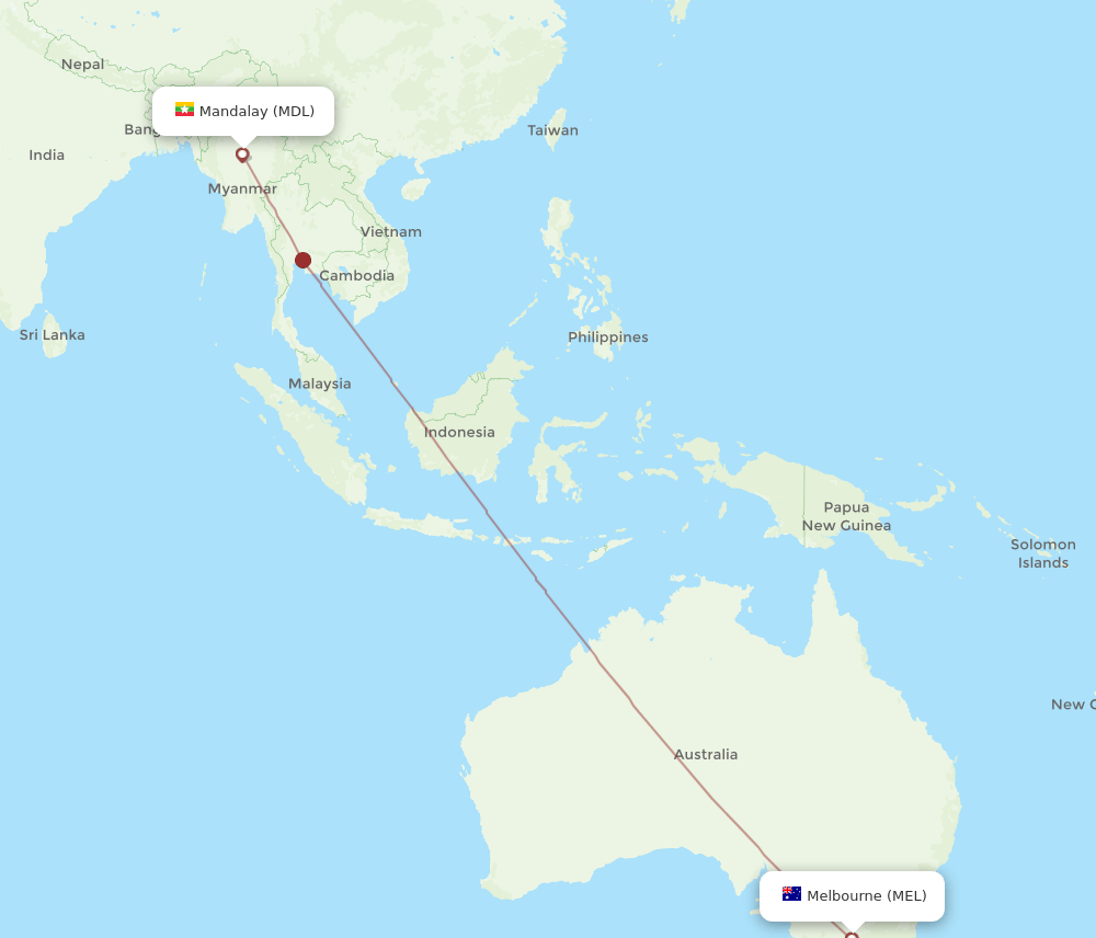 Mandalay - Melbourne route map and flight paths