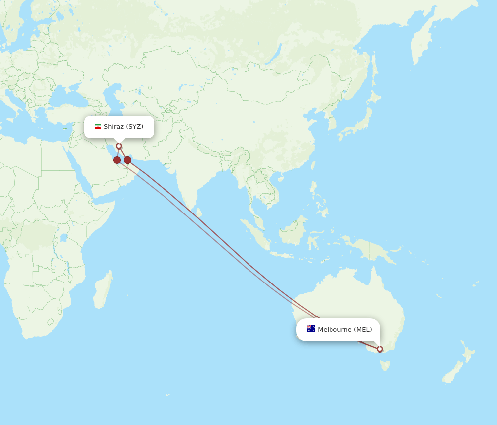 Shiraz - Melbourne route map and flight paths