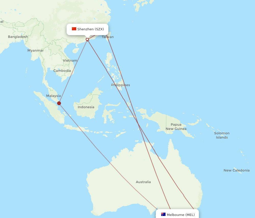 MEL-SZX flight routes