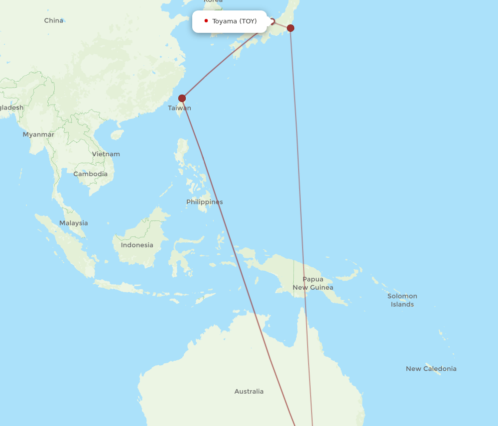 Toyama - Melbourne route map and flight paths