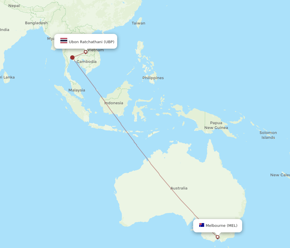 Ubon Ratchathani - Melbourne route map and flight paths