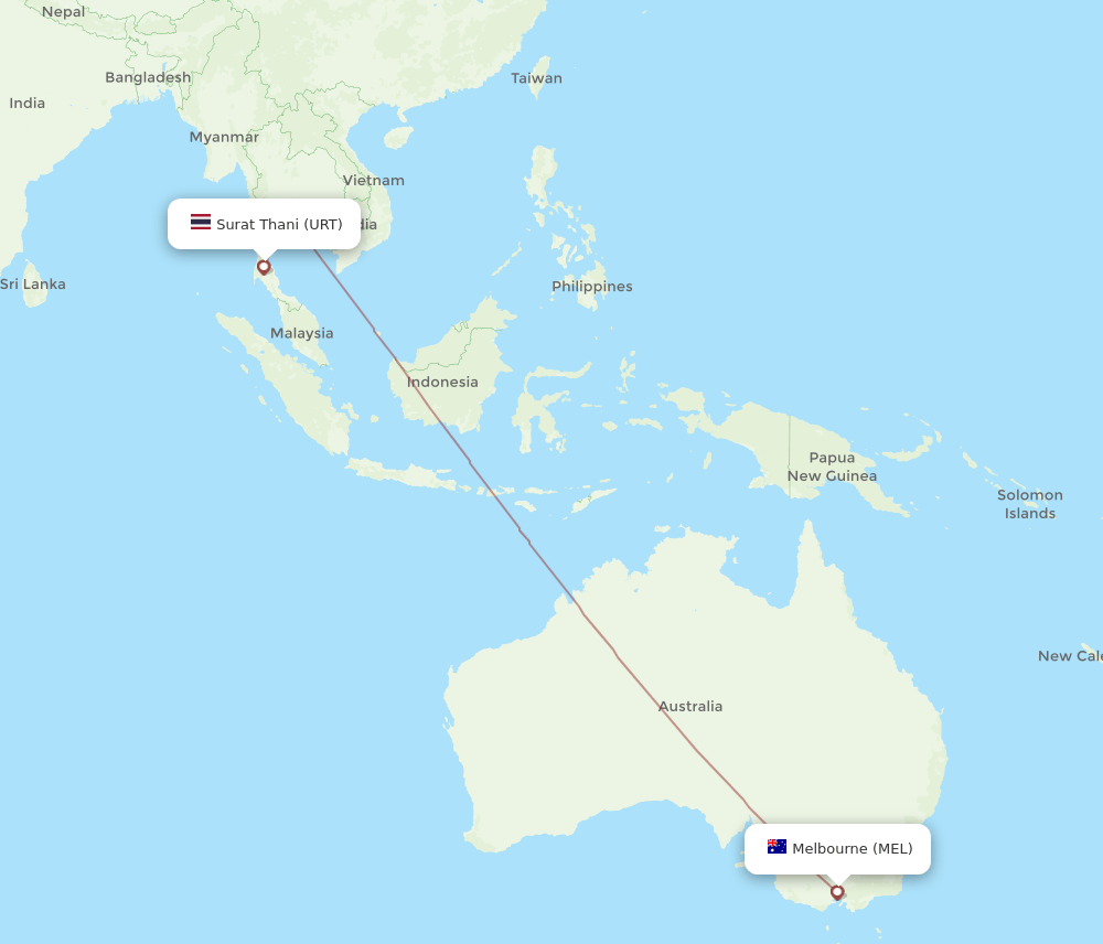 Melbourne - Surat Thani route map and flight paths