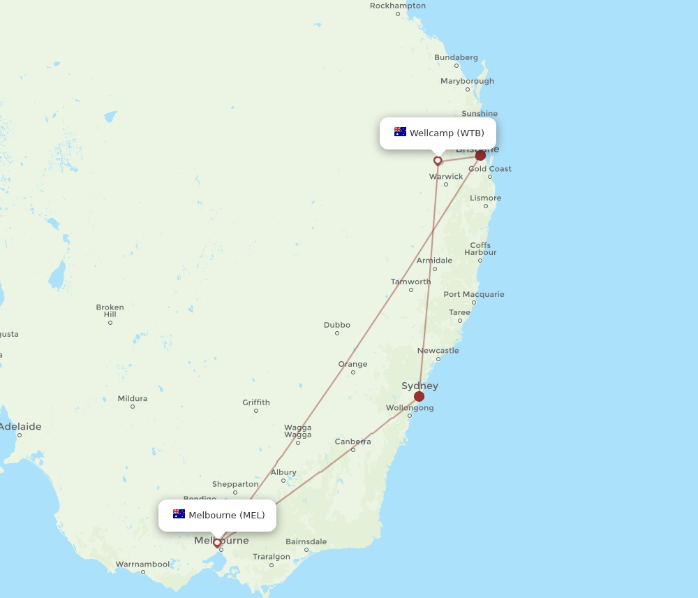 MEL to WTB flights and routes map