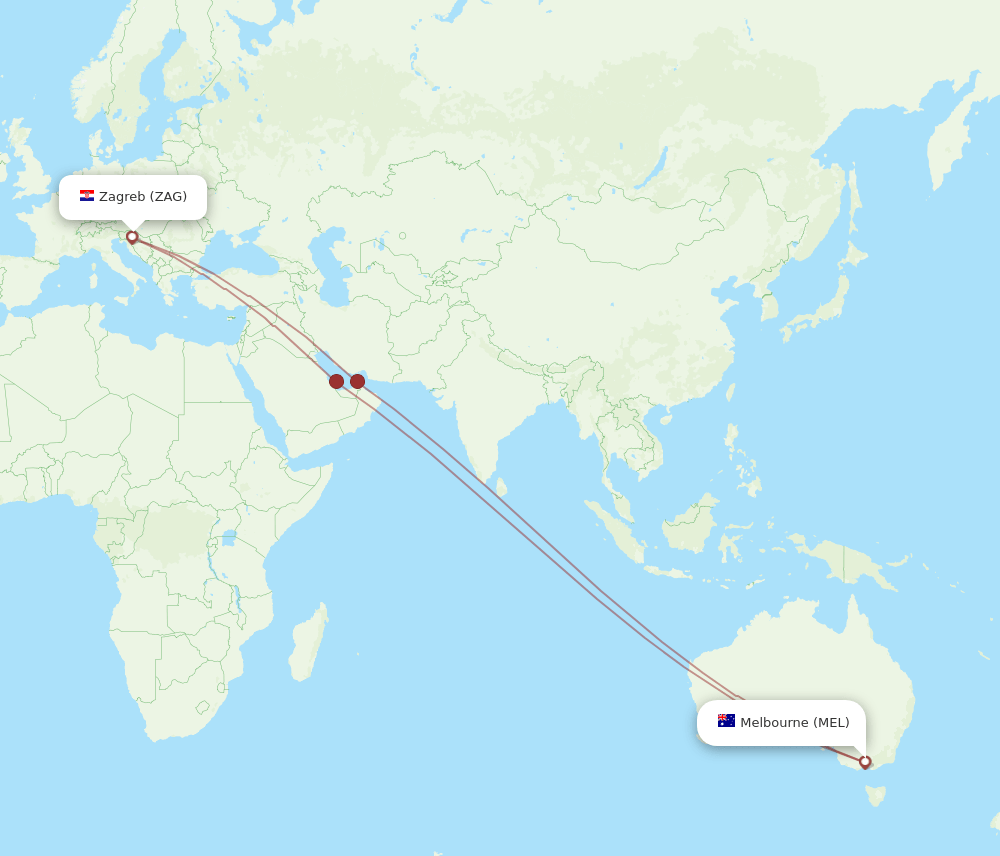 MEL-ZAG flight routes