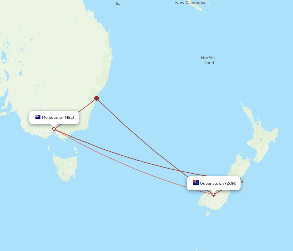 MEL to ZQN flights and routes map