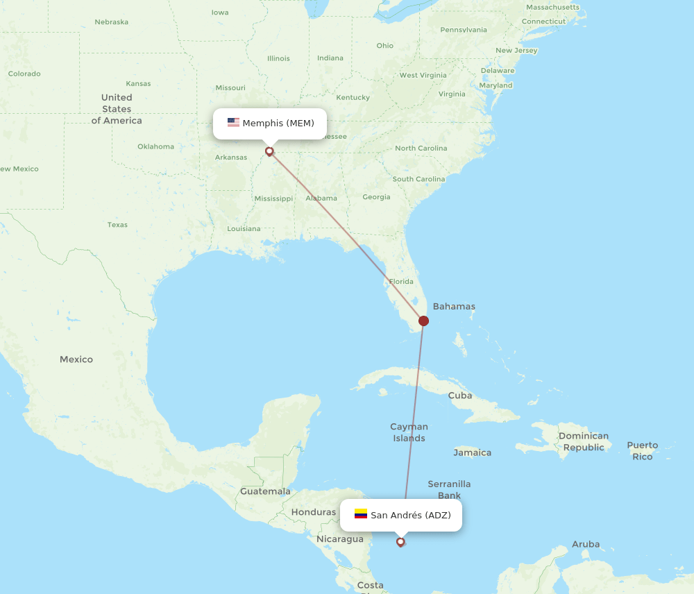 Memphis - San Andres Island route map and flight paths