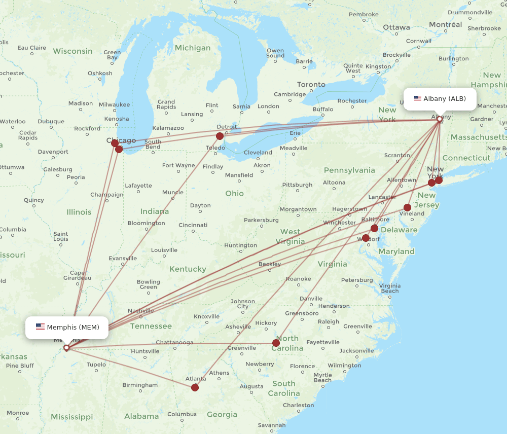 MEM to ALB flights and routes map