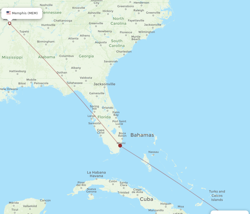 Memphis - El Catey/Samana route map and flight paths