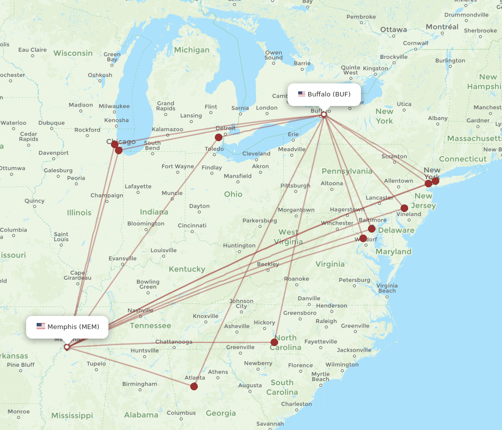 MEM to BUF flights and routes map