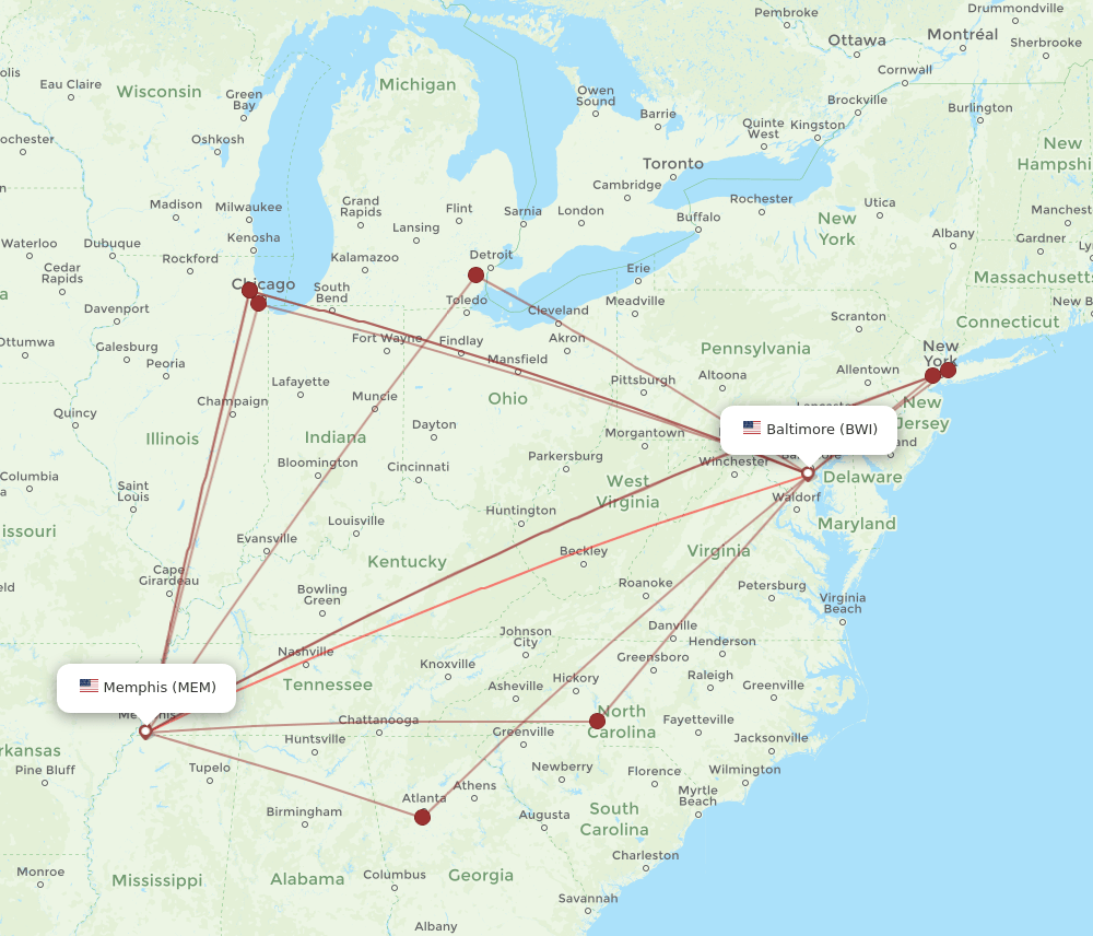 MEM-BWI flight routes