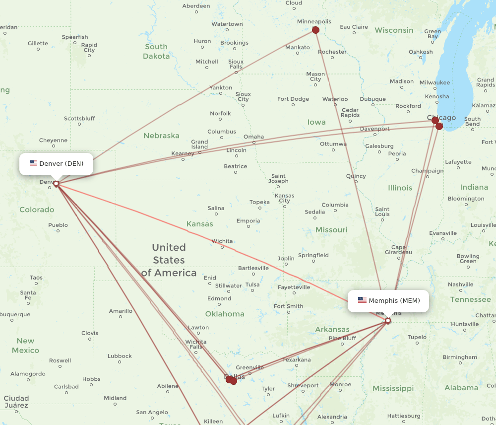 MEM-DEN flight routes