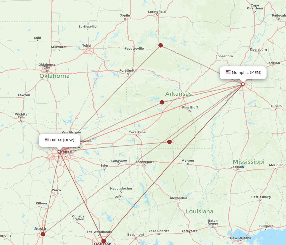 MEM to DFW flights and routes map