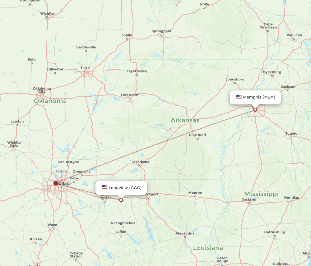 MEM to GGG flights and routes map