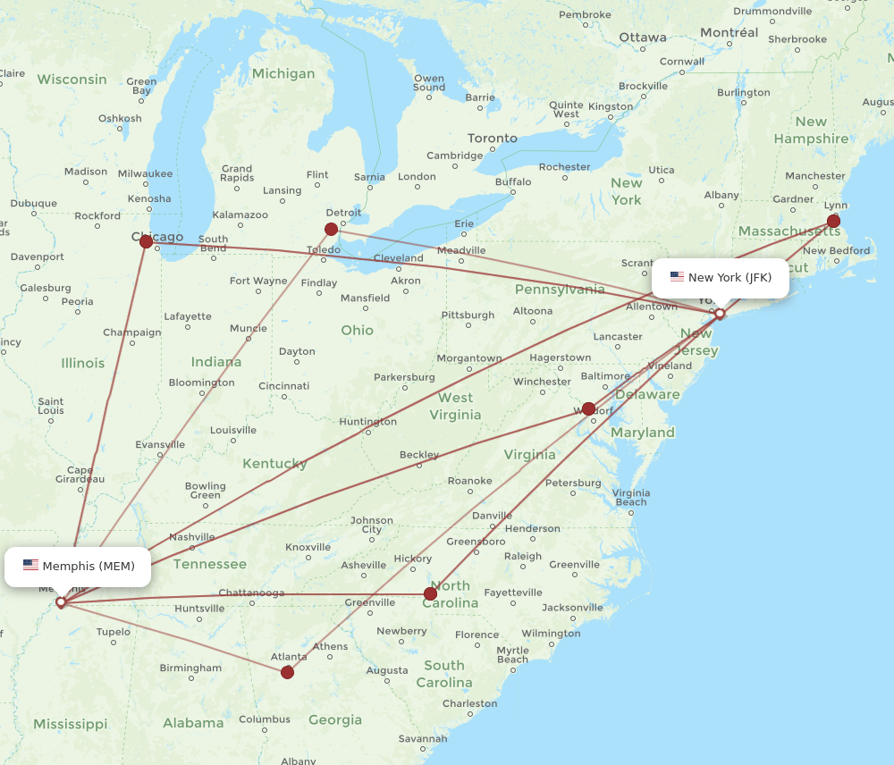 MEM to JFK flights and routes map