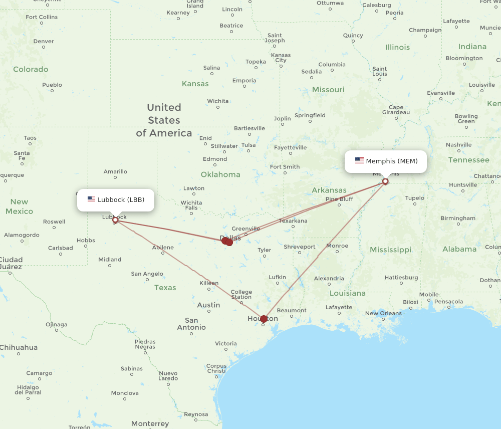 MEM to LBB flights and routes map