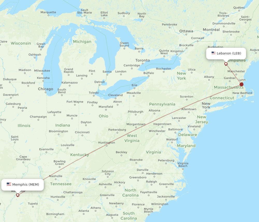 LEB to MEM flights and routes map