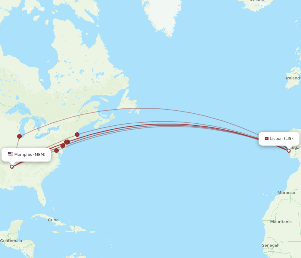 MEM to LIS flights and routes map