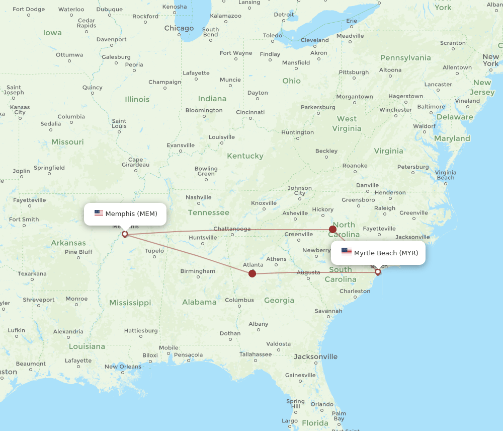 MEM-MYR flight routes